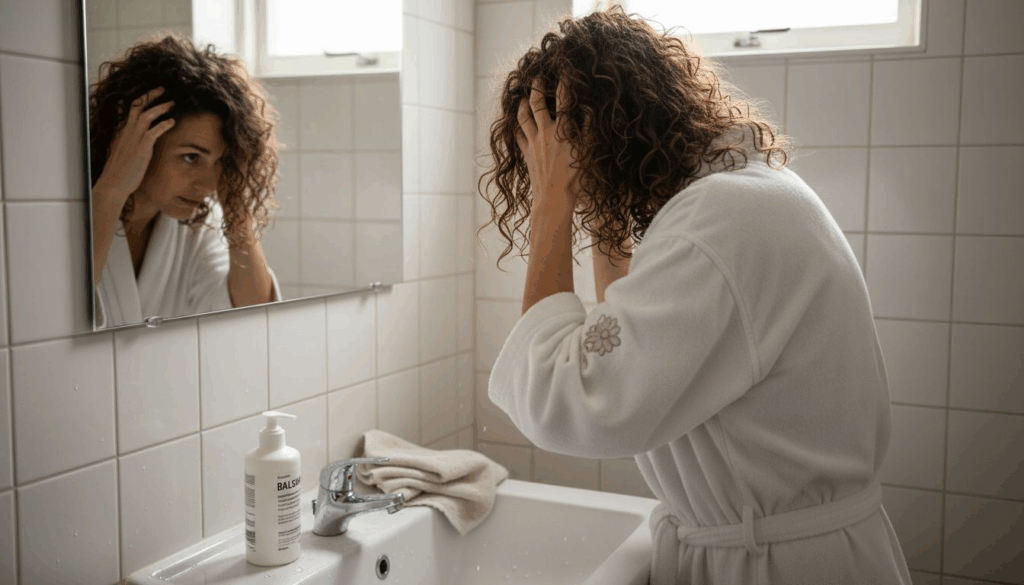 En kvinde står på badeværelset og vasker sit krøllede hår