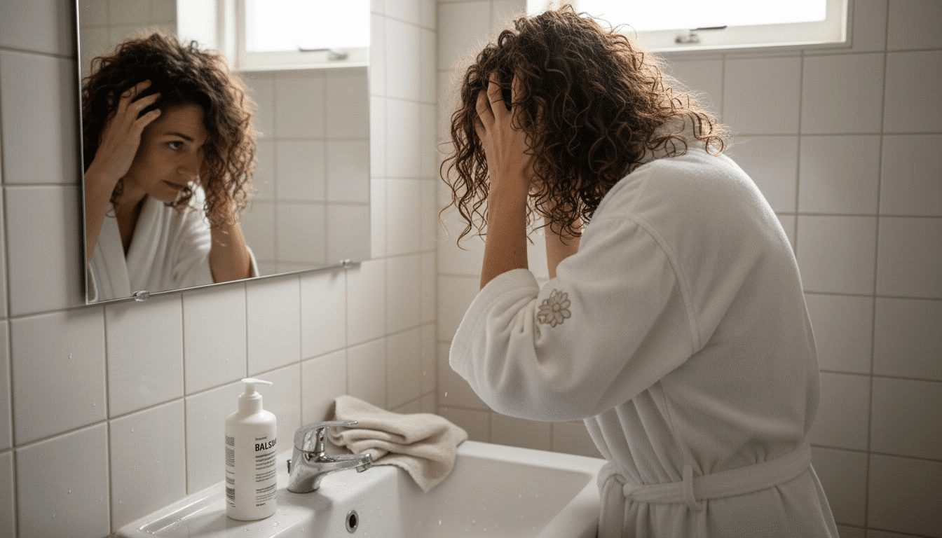 En kvinde står på badeværelset og vasker sit krøllede hår