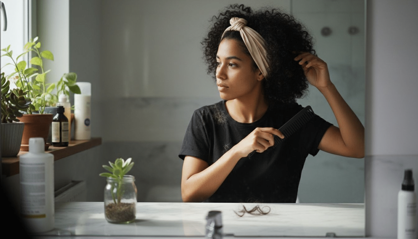En kvinde står foran spejlet og fikser sit krøllede hår