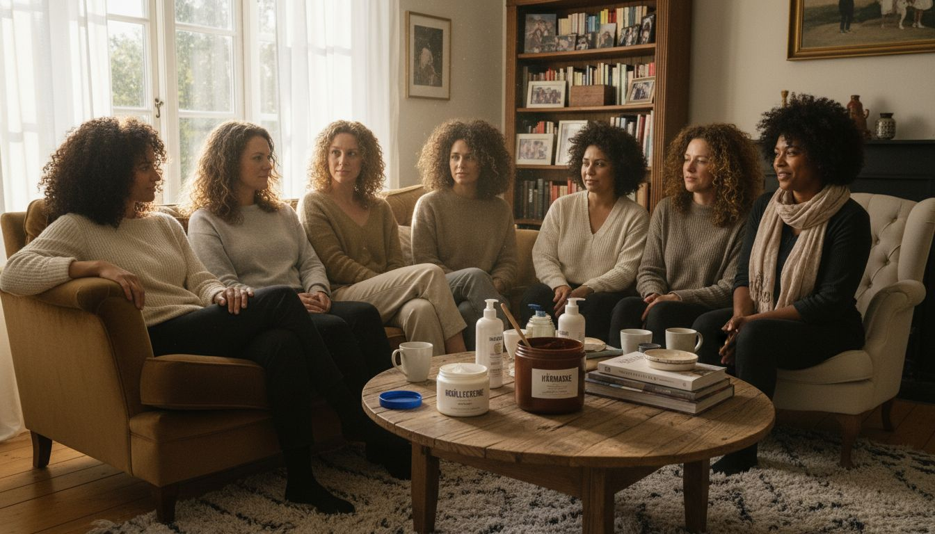 Kvinder med forskellige krølletyper nyder hinandens selskab i en hyggelig stue