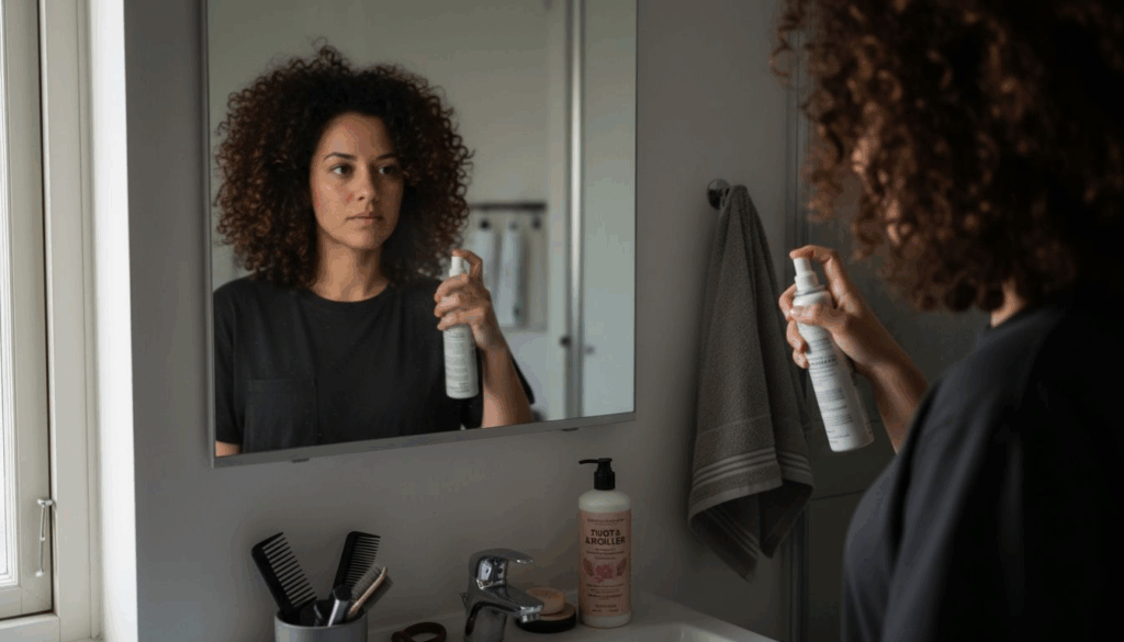 En kvinde står foran spejlet og frisker sine krøller op