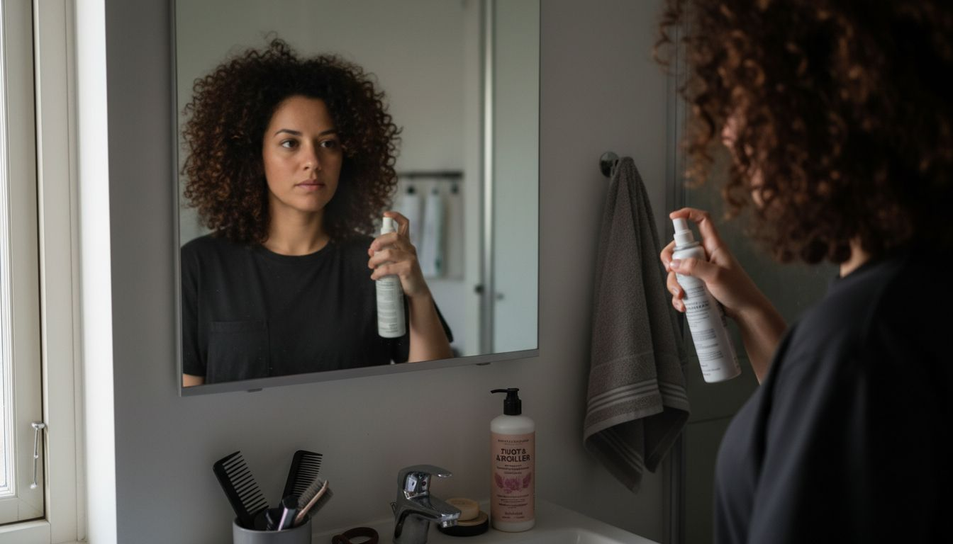 En kvinde står foran spejlet og frisker sine krøller op