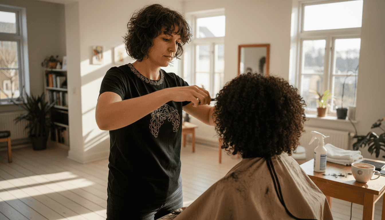 Vi tilbyder professionel klipning af krøllet hår i vores salon.