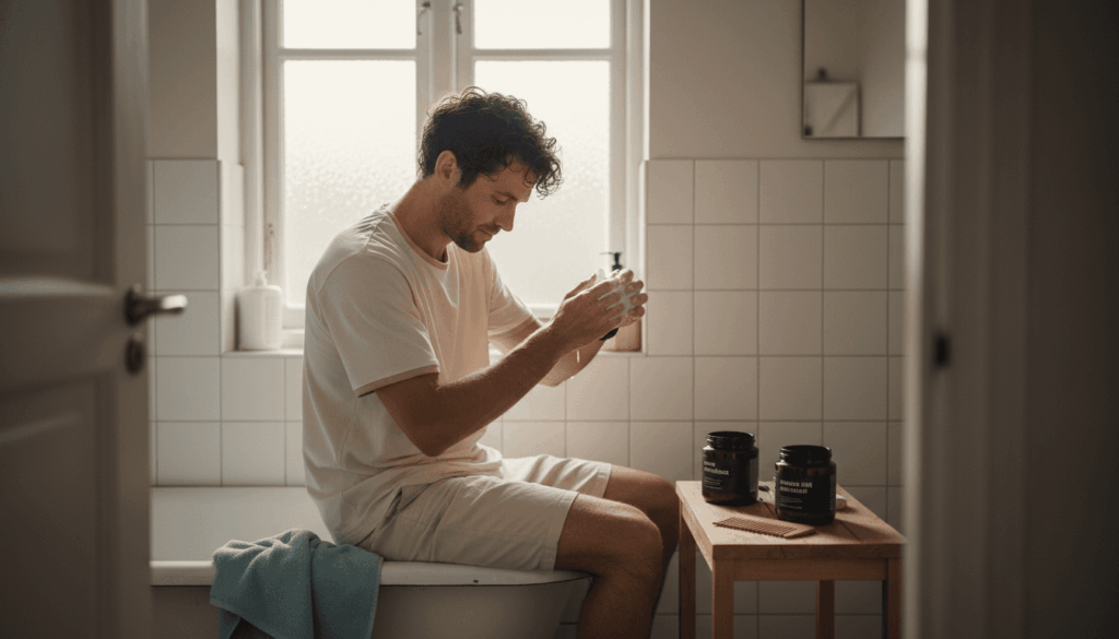 En mand med krøllet hår fordeler balsam i håret