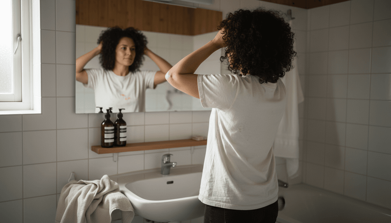 En kvinde med krøllet hår står foran spejlet og ordner sit hår.