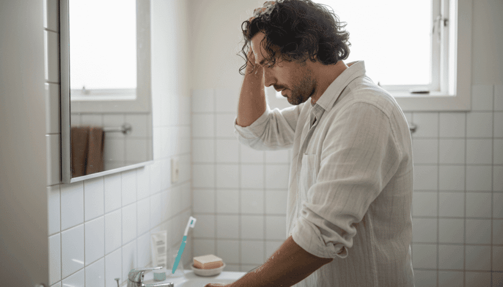 Mand ordner sit krøllede hår ved vasken