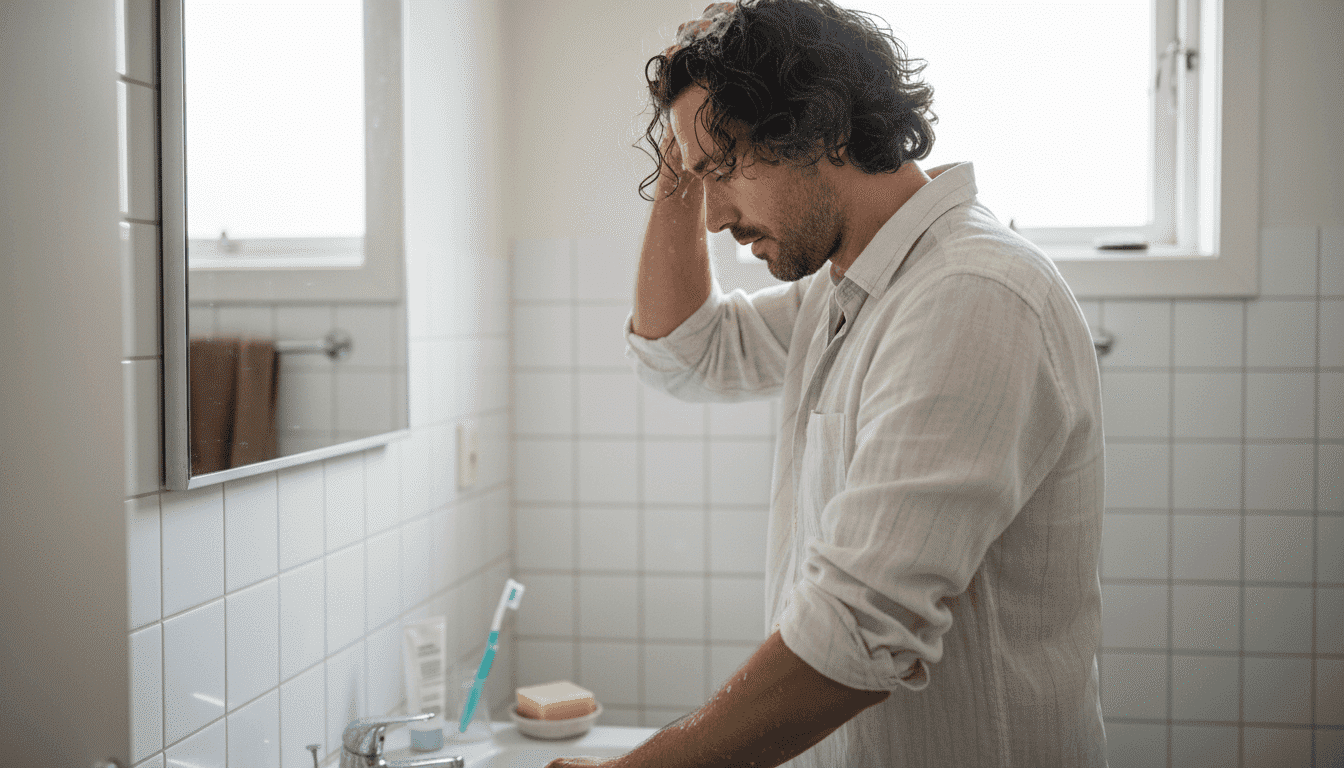 Mand ordner sit krøllede hår ved vasken