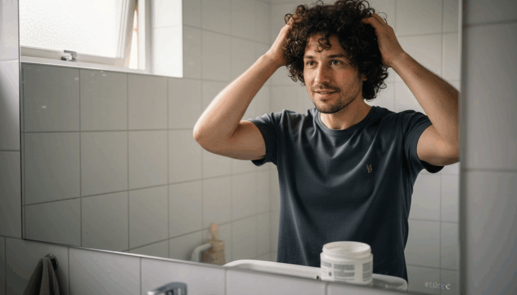 En mand med krøller står foran spejlet