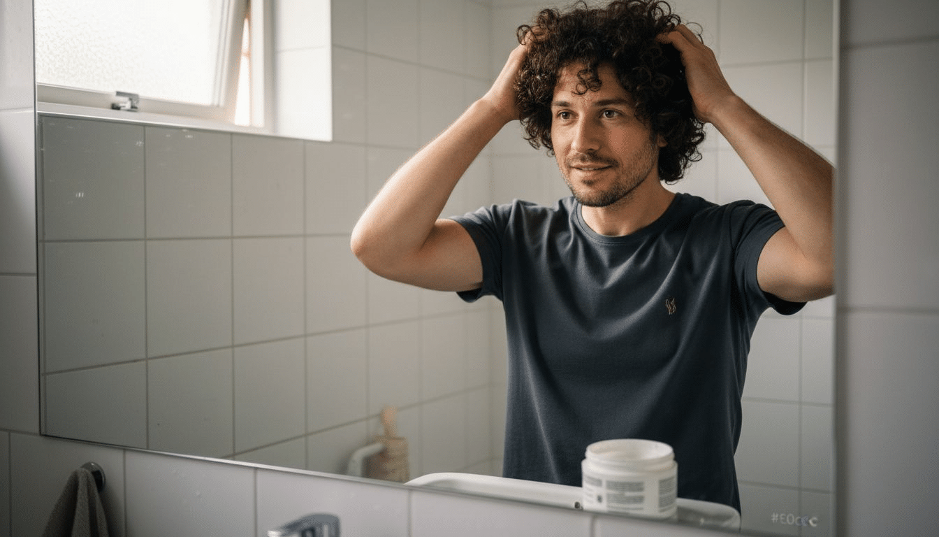 En mand med krøller står foran spejlet