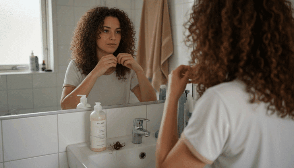 En kvinde fordeler hårcreme i sine krøller