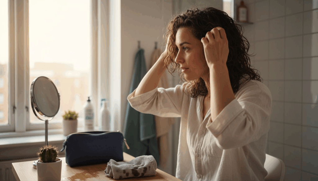 En kvinde står foran spejlet og sætter sit krøllede hår