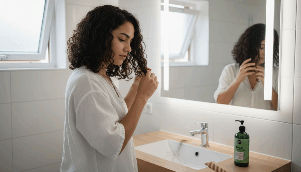 En kvinde står foran spejlet og fordeler balsam i sit krøllede hår.