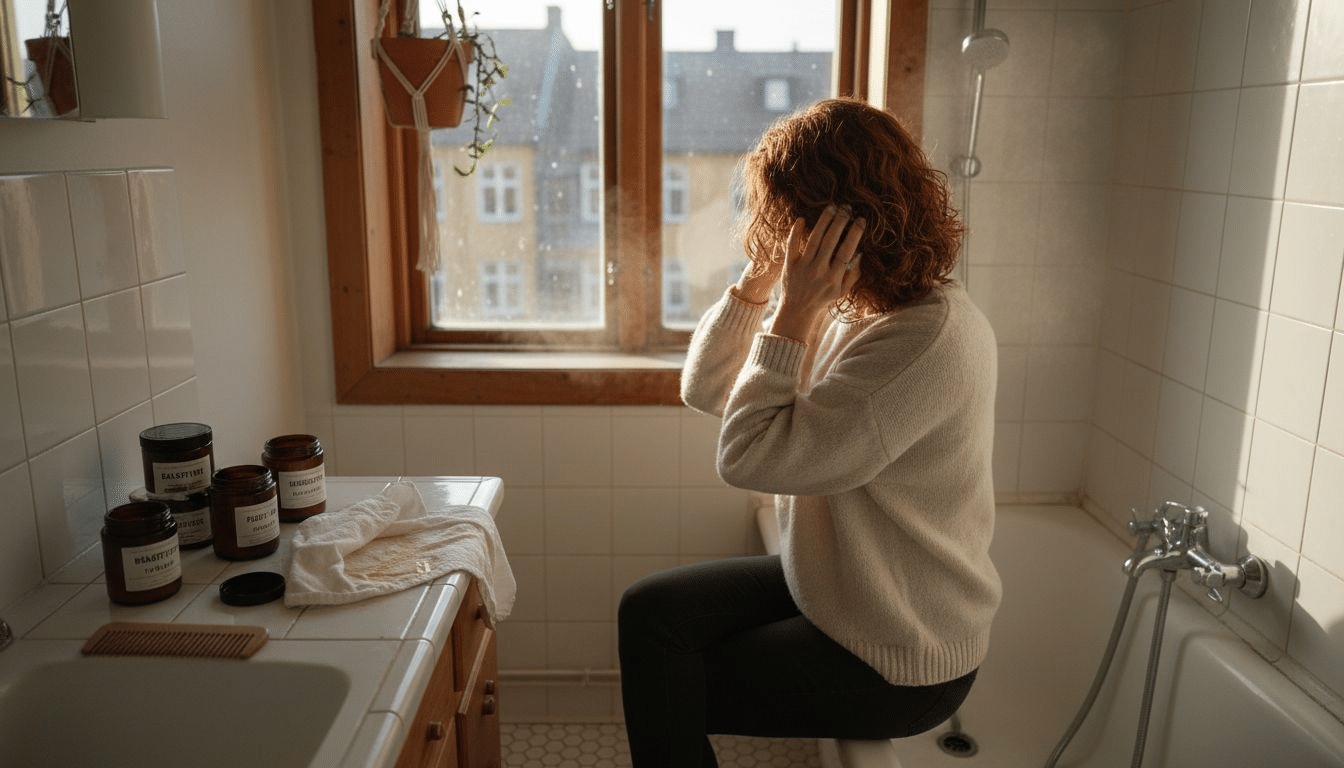 Kvinde plejer sine krøller med bæredygtige hårprodukter