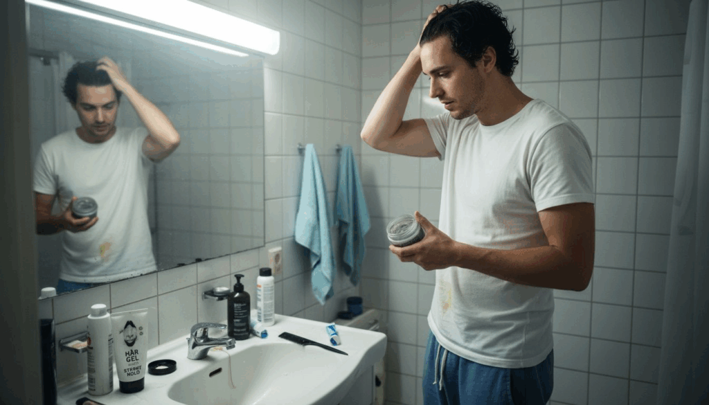 En mand fordeler hårgel som en del af sin krøllepleje.