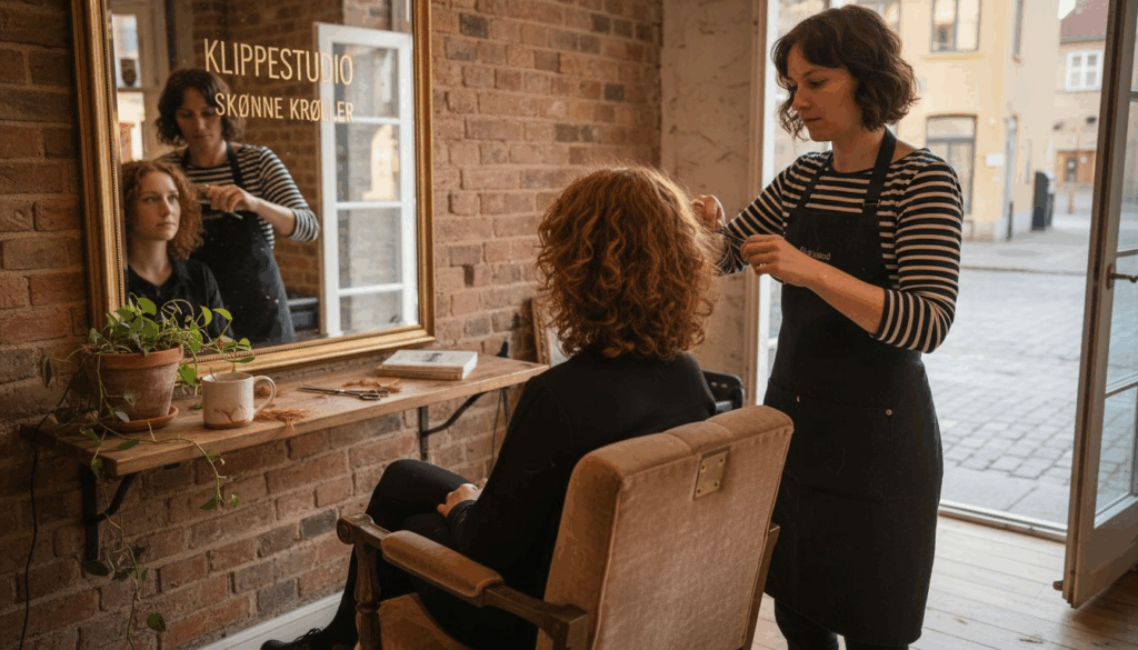 Frisøren klipper tørt, krøllet hår i salonen