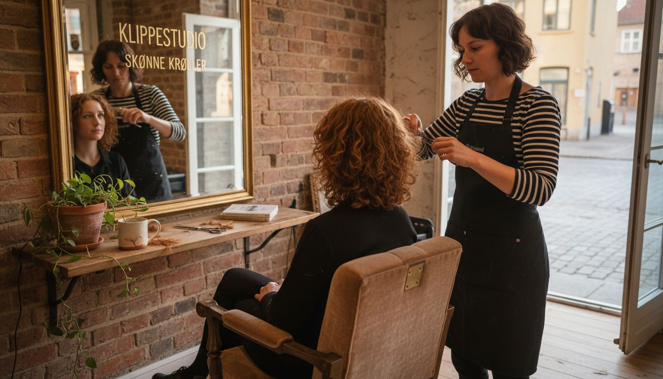 Frisøren klipper tørt, krøllet hår i salonen