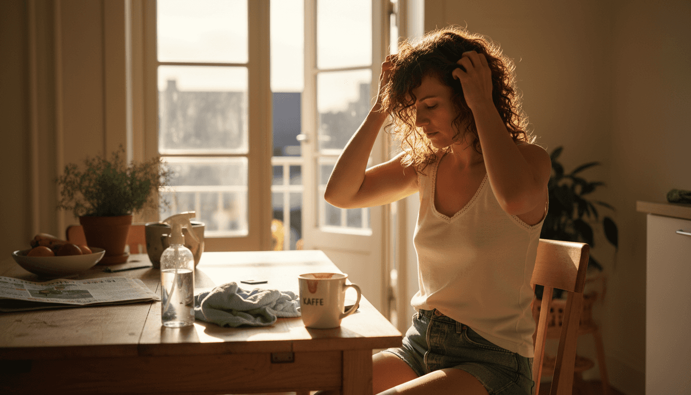 Kvinde plejer sine krøller med sommerprodukter derhjemme