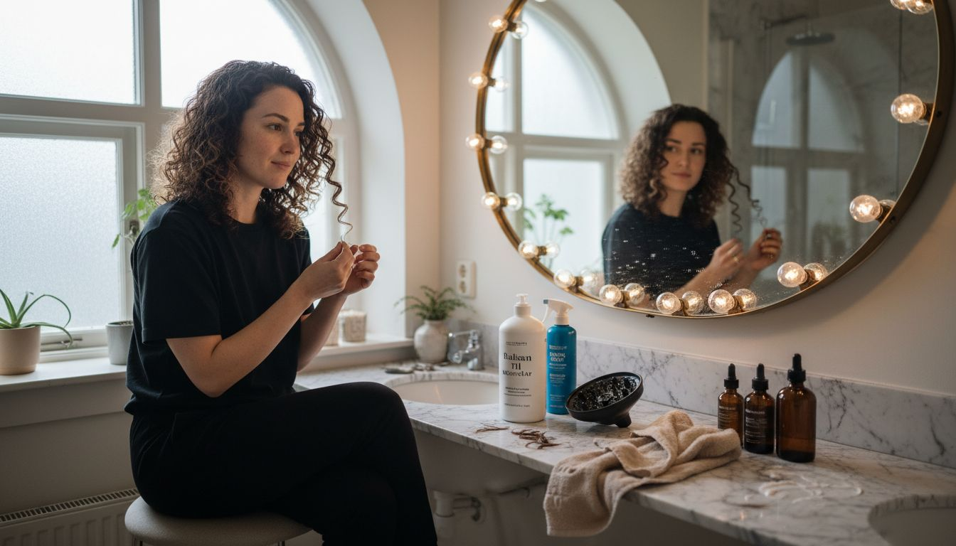 En kvinde undersøger sit krøllede hår foran spejlet