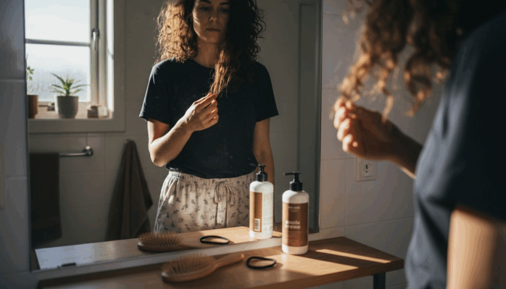 En kvinde står foran spejlet og kigger kritisk på sine krøller.