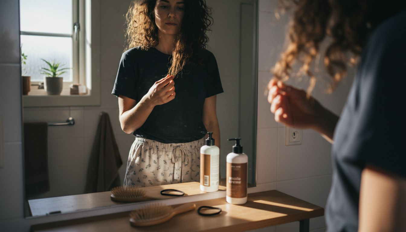 En kvinde står foran spejlet og kigger kritisk på sine krøller.