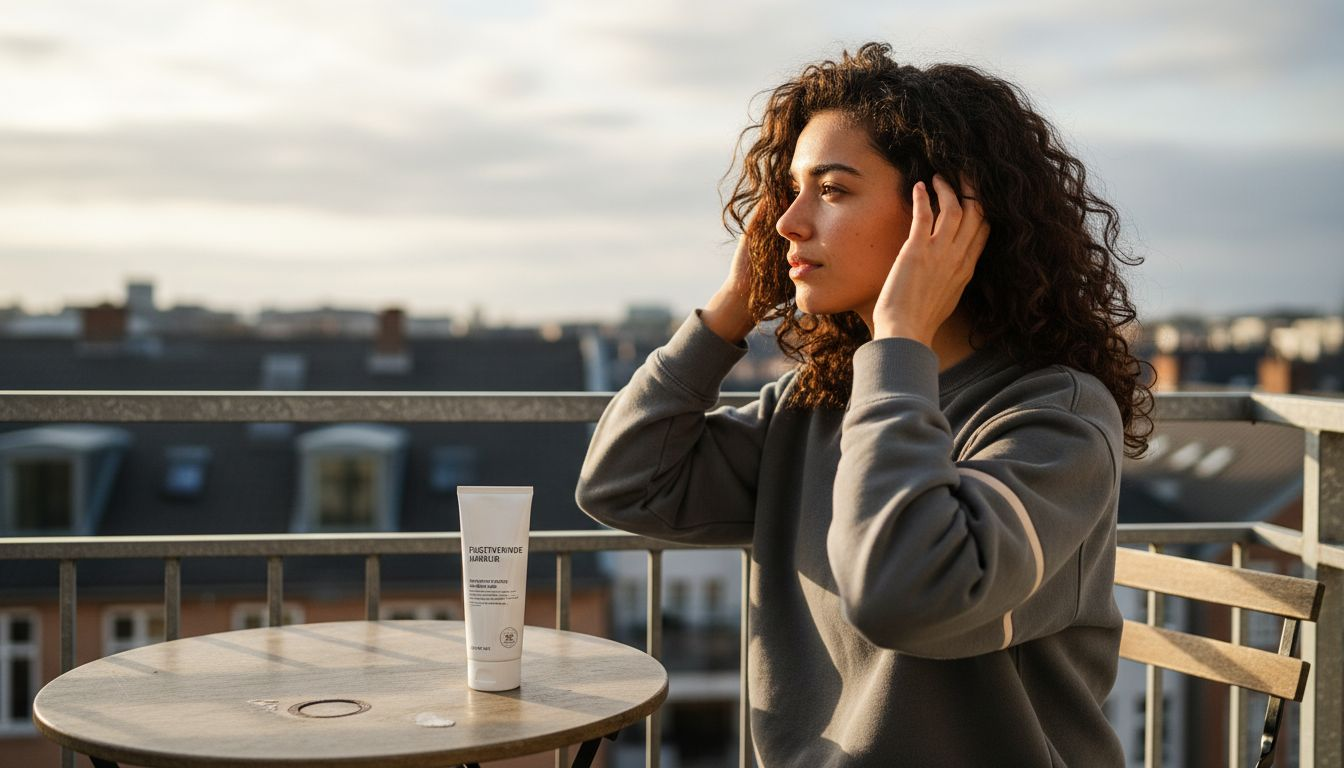 En kvinde sidder ude på altanen og plejer sine krøller