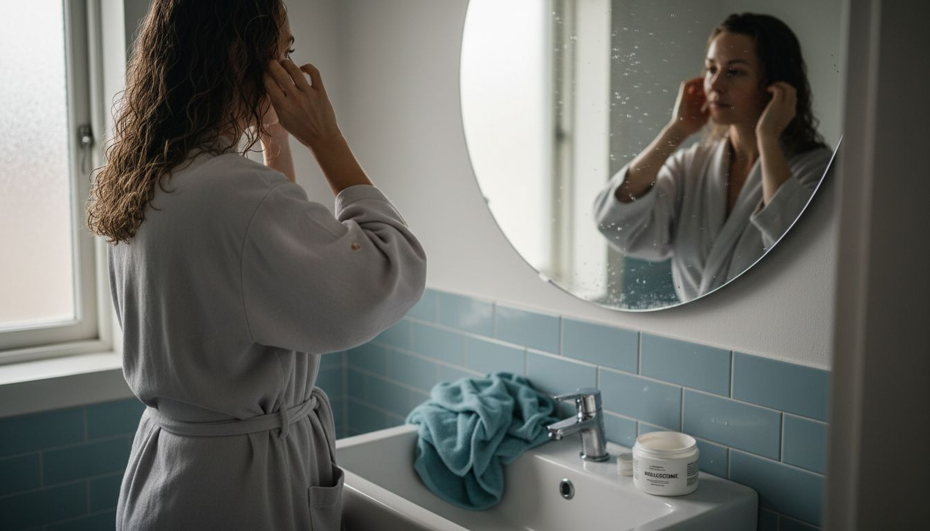 En kvinde står på badeværelset og kommer produkt i sit krøllede hår.