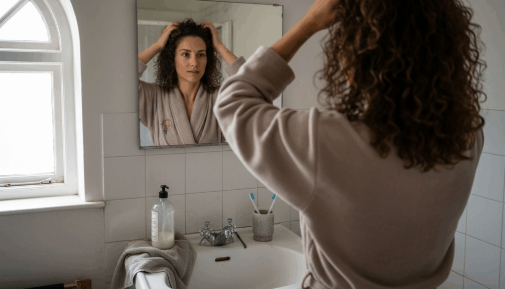 En kvinde står foran spejlet og ordner sit krøllede hår.