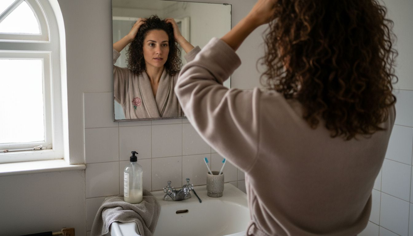 En kvinde står foran spejlet og ordner sit krøllede hår.