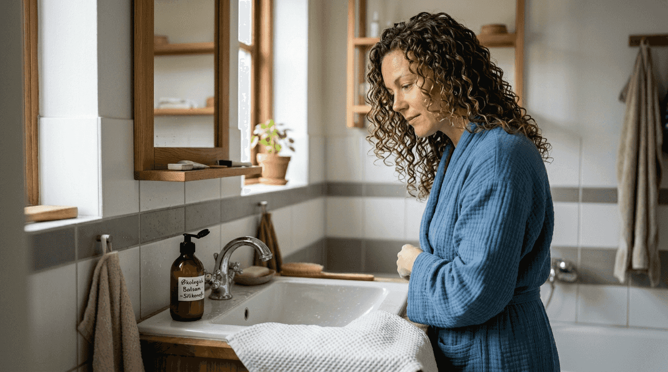 En kvinde arbejder balsam ind i sit krøllede hår