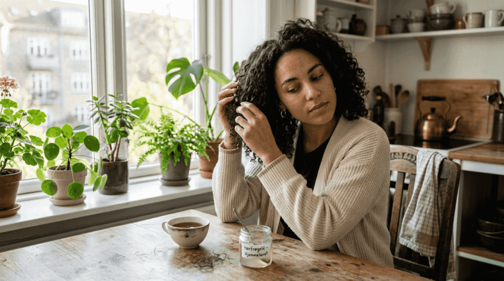 Kvinde styler sine krøller med en naturlig hårgel