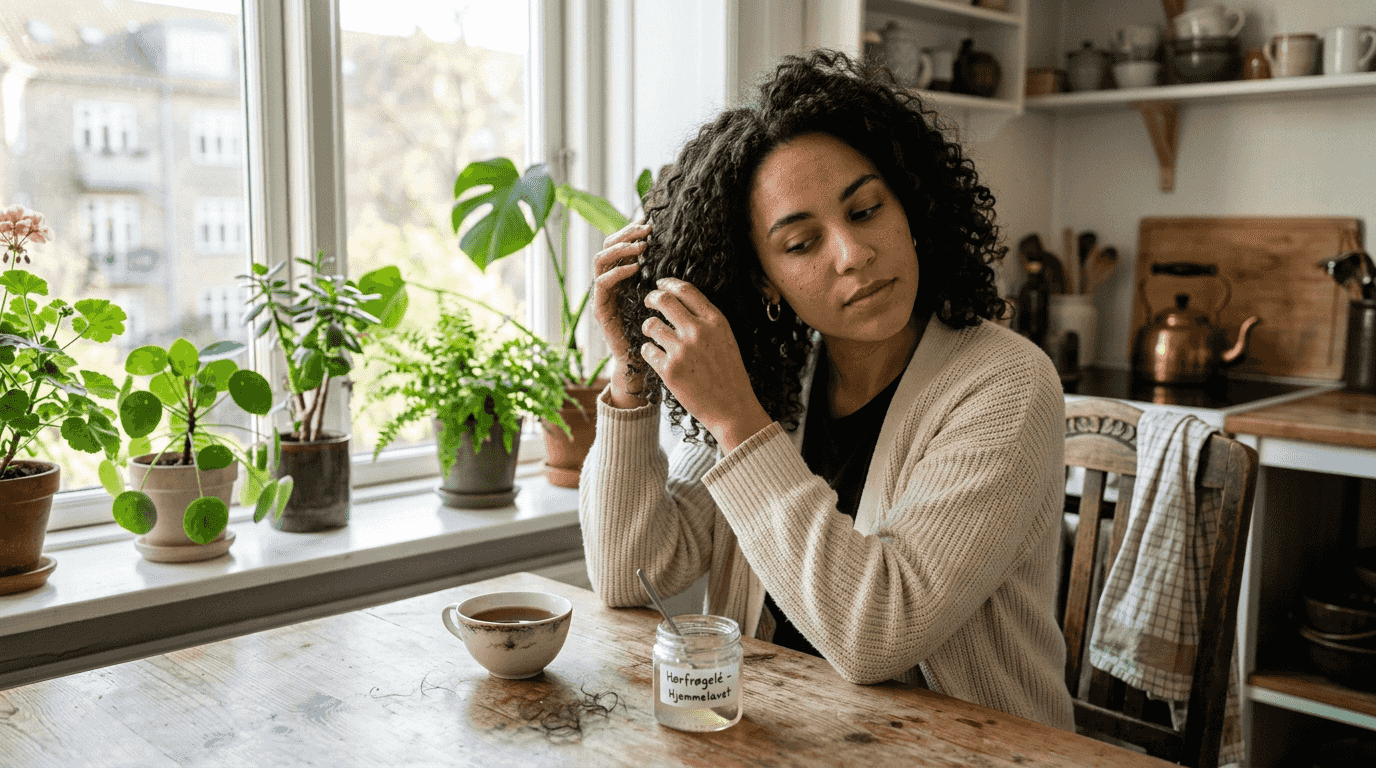 Kvinde styler sine krøller med en naturlig hårgel