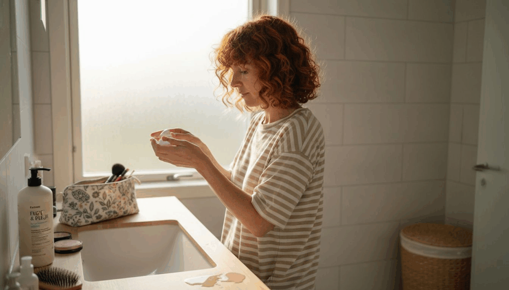 En kvinde står på badeværelset og fordeler krøllecreme i sit hår.