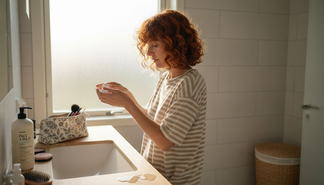 En kvinde står på badeværelset og fordeler krøllecreme i sit hår.