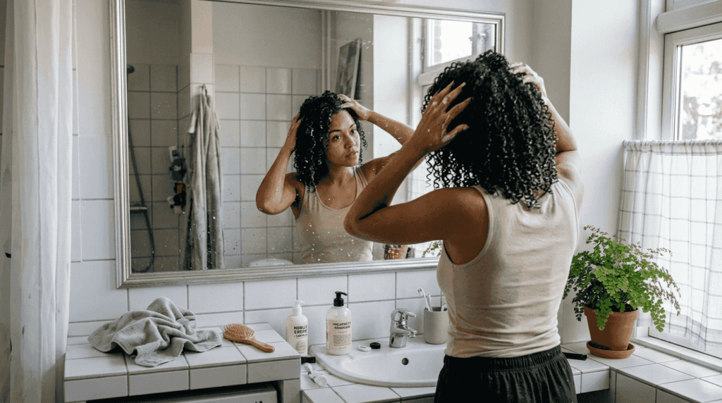 En kvinde står på badeværelset og gør sit krøllede hår klar.