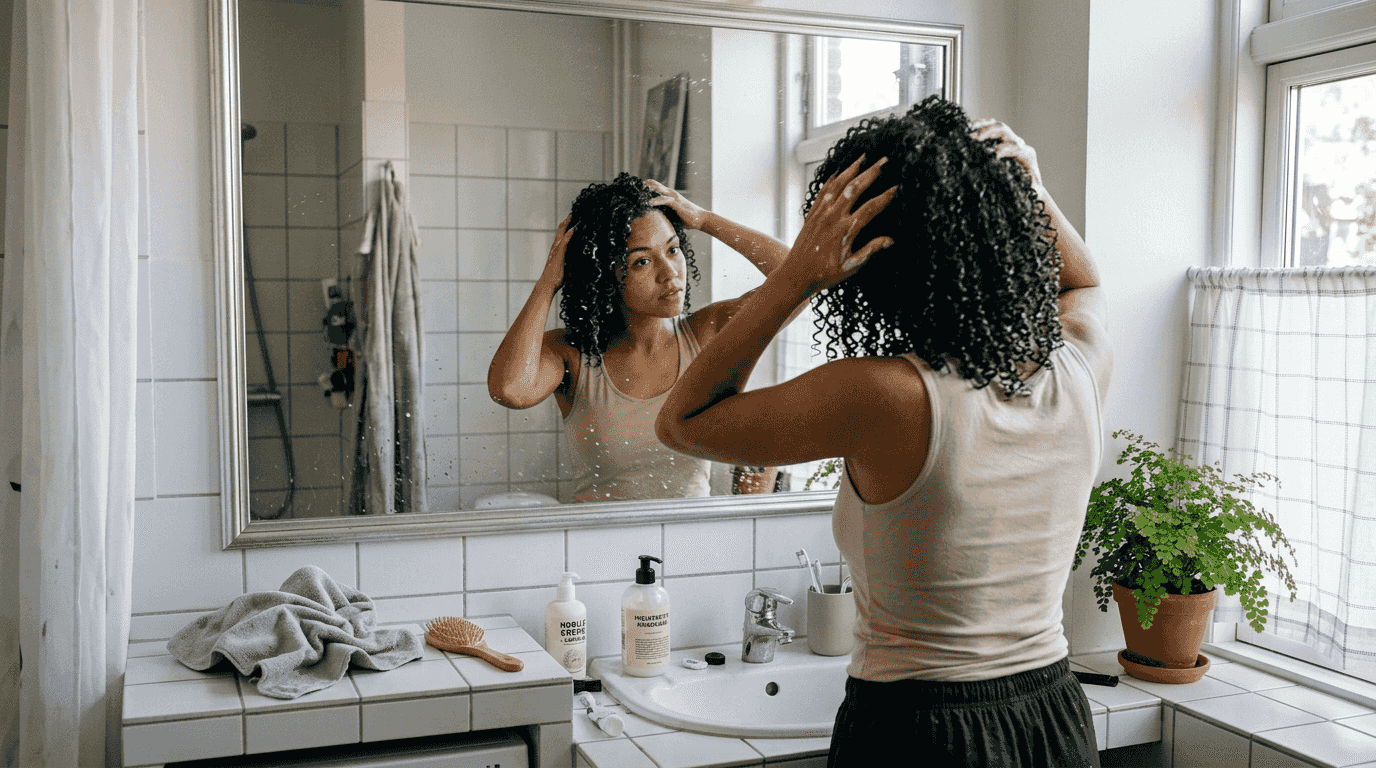 En kvinde står på badeværelset og gør sit krøllede hår klar.