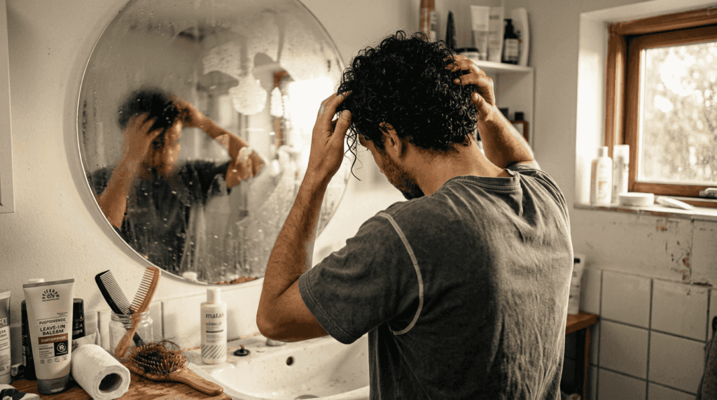 Mand fordeler hårplejeprodukt i sit tørre, krøllede hår