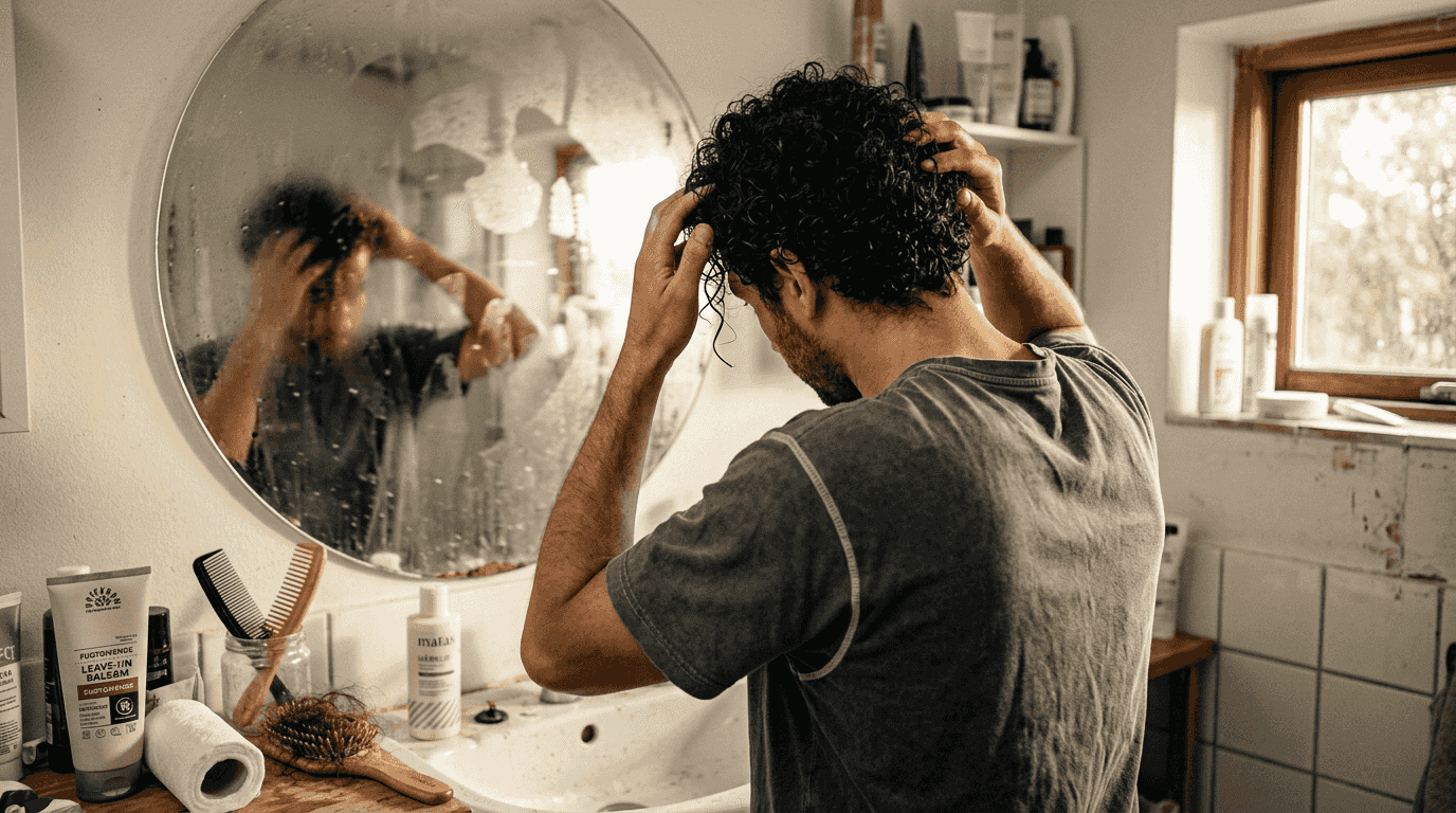 Mand fordeler hårplejeprodukt i sit tørre, krøllede hår