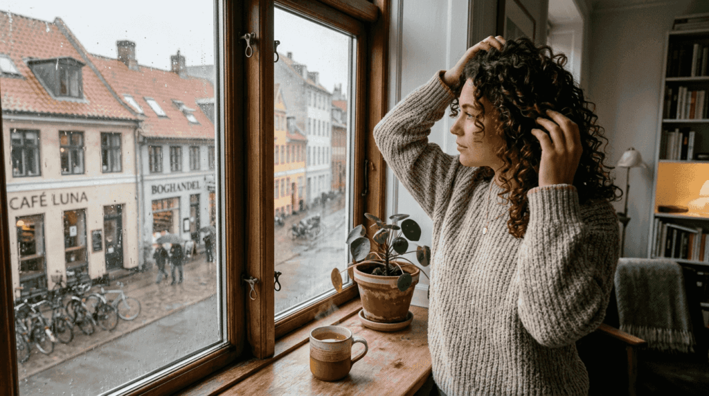 En kvinde med krøllet hår står og kigger ud på det regnfulde vejr.