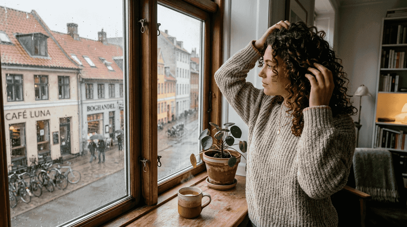 En kvinde med krøllet hår står og kigger ud på det regnfulde vejr.