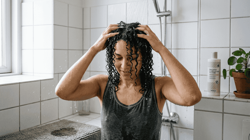 En kvinde står på badeværelset og vasker sit krøllede hår