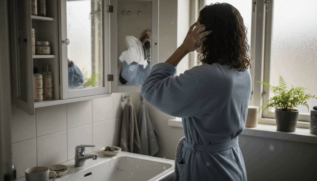 En kvinde forkæler sine krøller med en nærende hårkur.