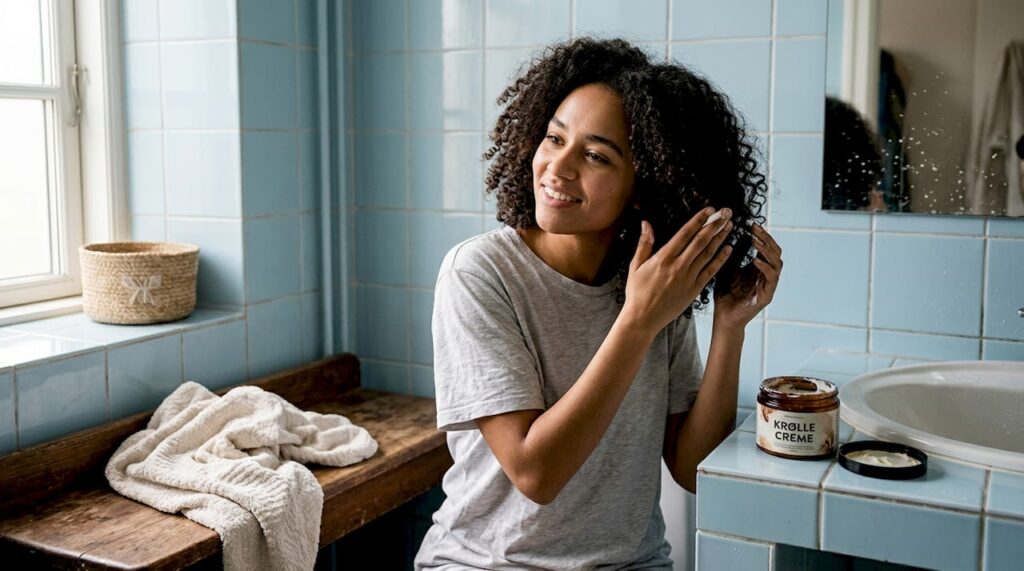 En kvinde står på badeværelset og ordner sit krøllede hår.