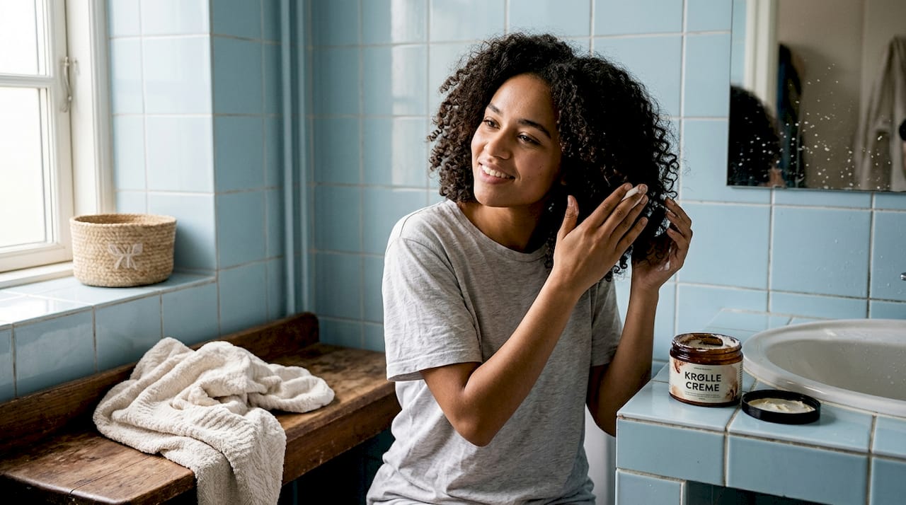 En kvinde står på badeværelset og ordner sit krøllede hår.