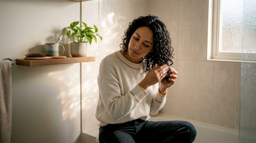 En kvinde med krøllet hår står på badeværelset og kommer produkt i håret.