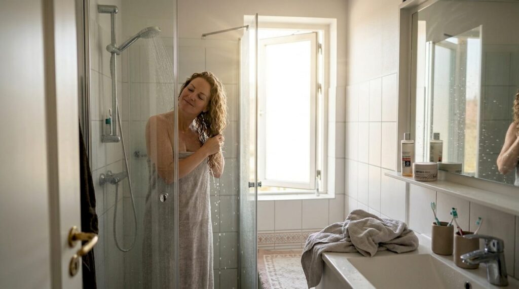 En kvinde står under bruseren og vasker sit krøllede hår