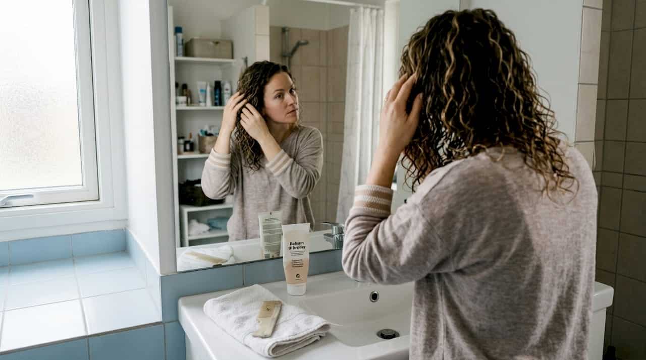 En kvinde fordeler leave-in conditioner i sit krøllede hår for at holde det blødt og velplejet.