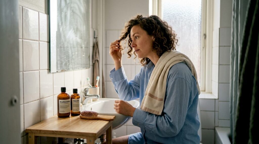 En kvinde står foran spejlet og studerer sine krøller.