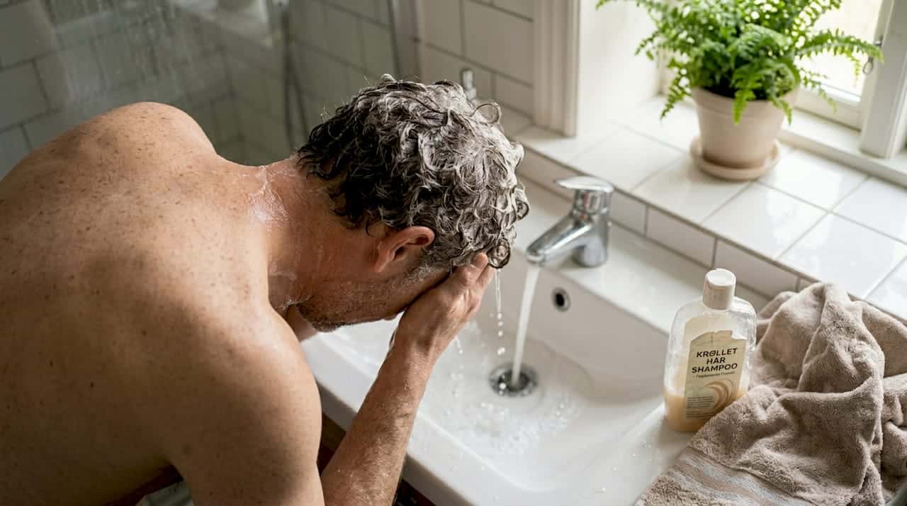En mand skyller forsigtigt shampooen ud af sit krøllede hår