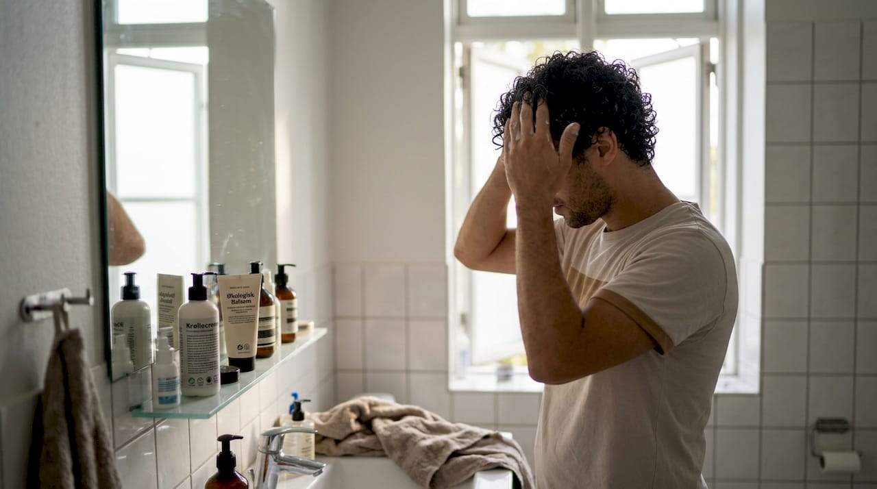 En mand står foran spejlet på badeværelset og sætter sit krøllede hår.
