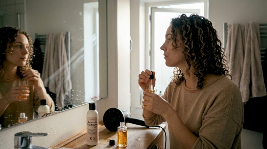 En kvinde fordeler varmebeskyttende spray i sit hår inden hun laver krøller